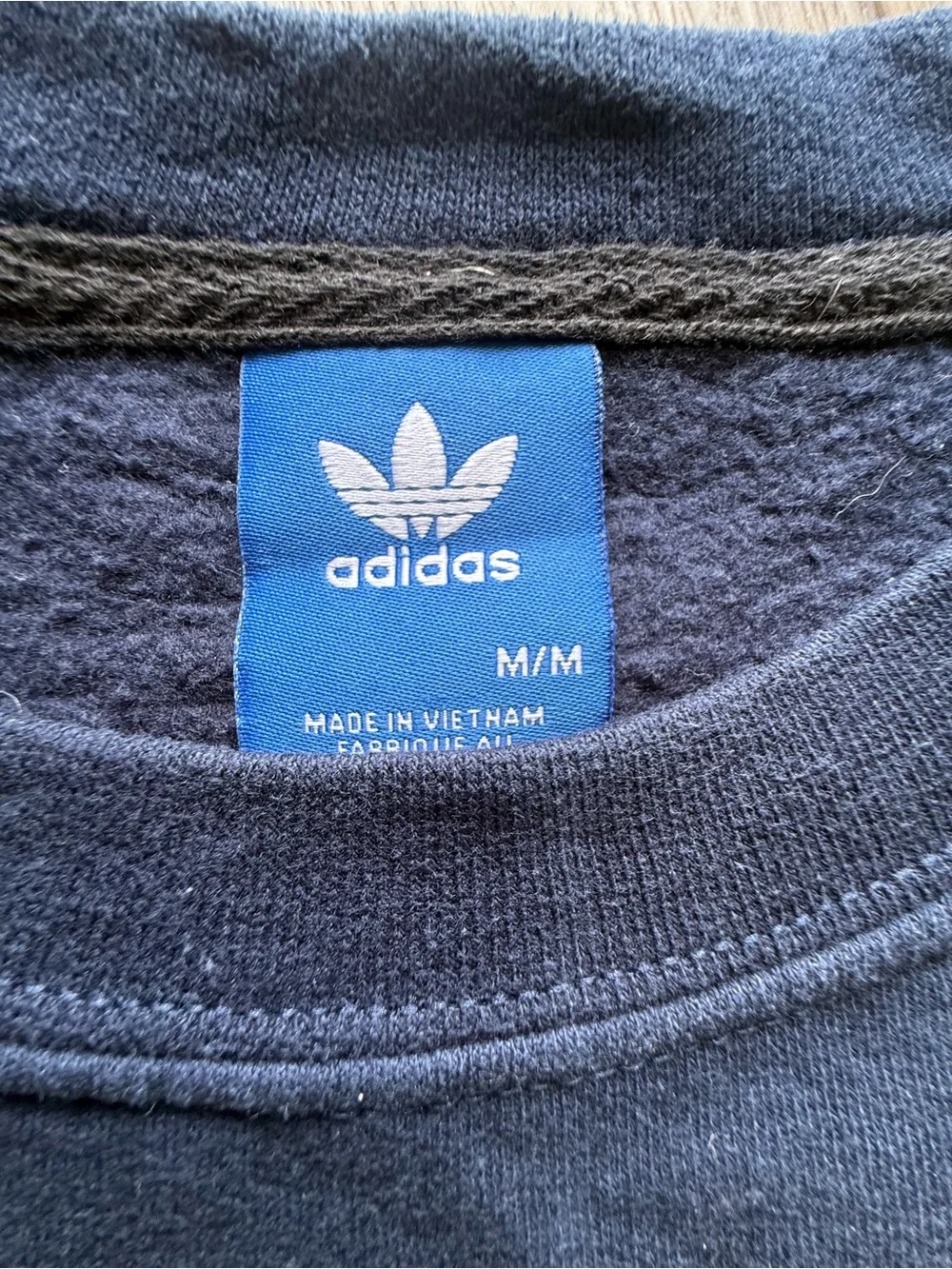 Reworked upcycled Adidas Men’s Navy and Gray Trefoil Crewneck Sweatshirt
